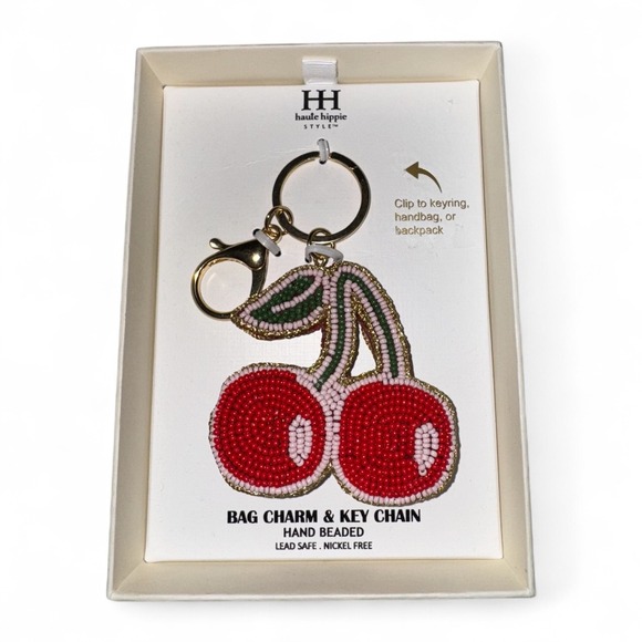 Haute Hippie Style Red Cherry Bag Charm Keychain Hand Beaded - Picture 1 of 4